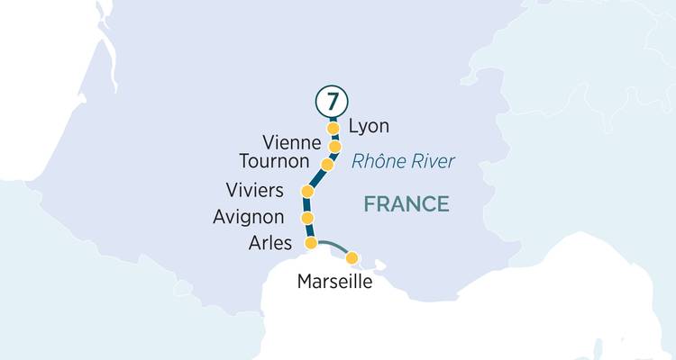 Kaart met een cruiseroute van Lyon naar Marseille met tussenliggende Franse dorpen.