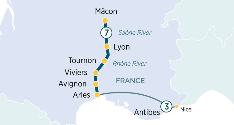 Schemakaart met een riviercruise van Mâcon naar Arles met een uitbreiding naar Antibes.