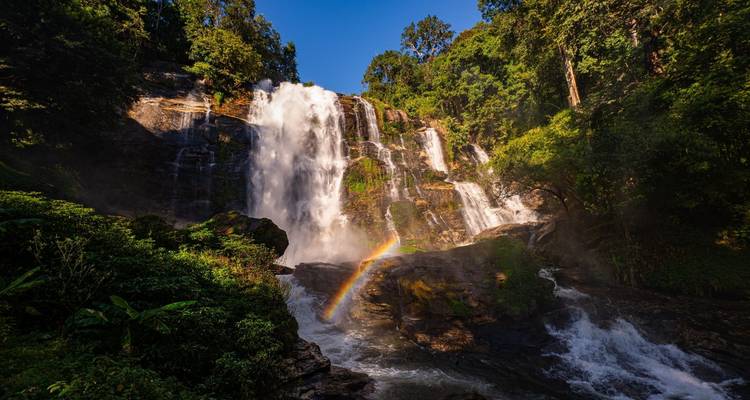 Puissante cascade d'eau dévalant à travers une luxuriante forêt tropicale avec un arc-en-ciel dans la brume