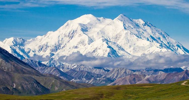 Le majestueux Mont Denali couvert de neige s'élevant au-dessus des vastes plaines de toundra ondulantes sous un ciel dégagé.