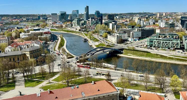 Panorama soleada de Vilna con el río Neris, el skyline moderno y los puentes curvos vistos desde arriba.