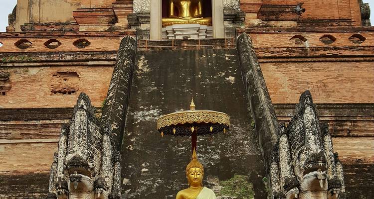 Vue de face du Bouddha doré sur les marches abruptes des ruines de Wat Chedi Luang à Chiang Mai.