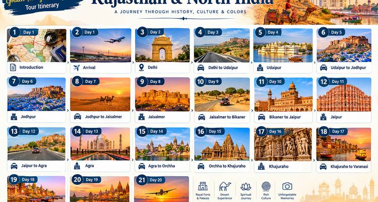 Farbenfrohe Tagesübersicht-Grafik für die Rajasthan- und Nordindien-Rundreise