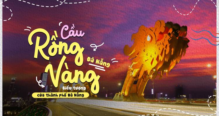 Grafisches Plakat der beleuchteten Drachenbrücke von Da Nang in der Dämmerung mit vietnamesischer Textüberlagerung