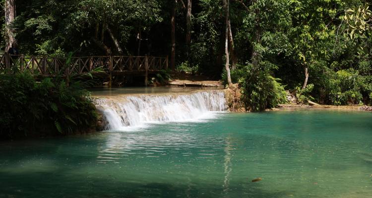 Ein sanfter Wasserfall stürzt in ein türkisfarbenes Becken, das von üppigem Wald und einer Holzbrücke umgeben ist.