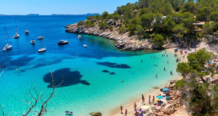 Drukke turquoise baai op Ibiza met zwemmers, jachten en met pijnbomen bedekte rotsen.