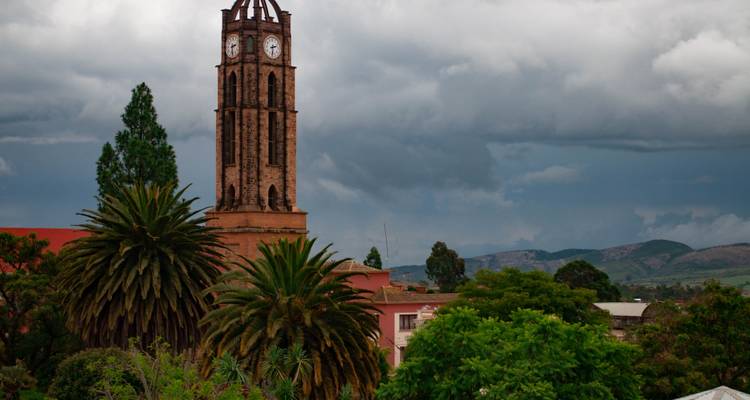 Torre de iglesia de ladrillo con reloj elevándose sobre palmeras frondosas bajo cielos tormentosos