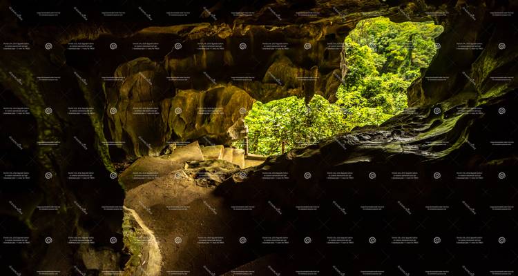 View from inside a limestone cave toward lush greenery, overlaid with visible watermarks.
