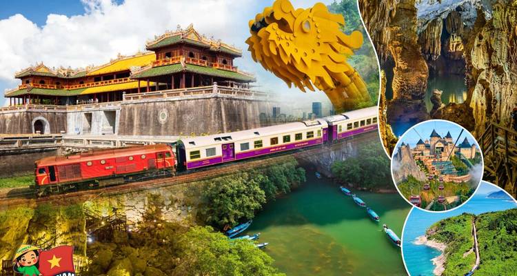 Collage de voyage coloré présentant des monuments vietnamiens, un train, un pont et des plages avec une marque de style dessin animé.