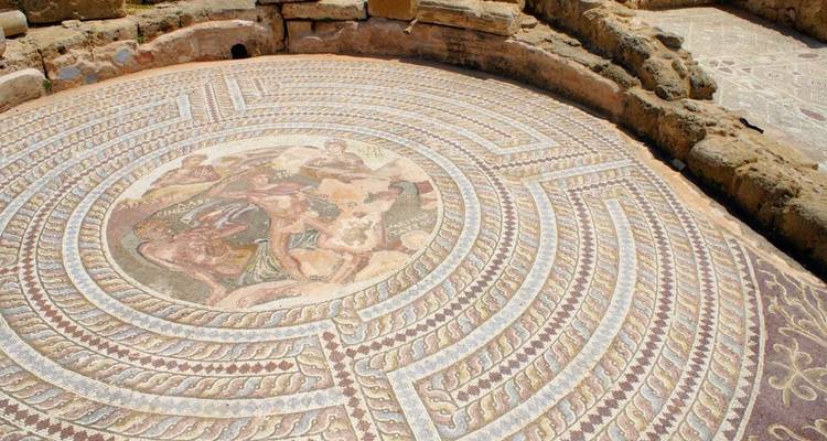 Gedetailleerde cirkelvormige mozaïek uit de Romeinse tijd met mythologische figuren op een archeologische vindplaats.