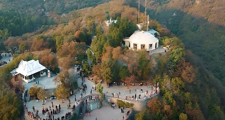 Hill-top viewpoint with walking paths, trees in autumn colors and crowds enjoying the panorama