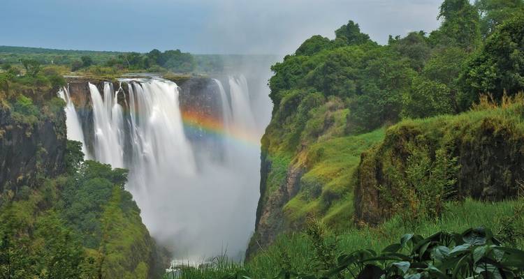 Las Cataratas Victoria se despeñan en un estrecho cañón, formando un arco iris vivido en la bruma contra acantilados verdes y exuberantes.