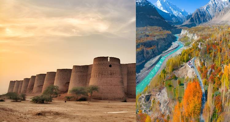 Collage montrant une forteresse désertique au coucher du soleil à côté d'une vue aérienne d'une vallée fluviale turquoise en montagne.