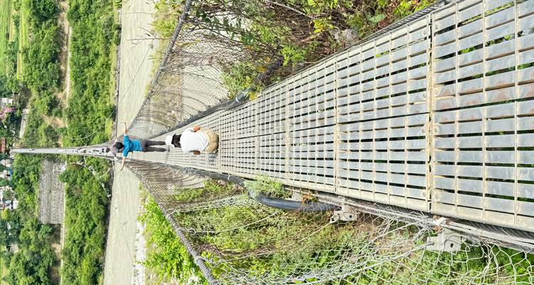 Twee reizigers op een smalle hangbrug met schakels die een bleekgroene rivier overspannen met weelderige oevers.