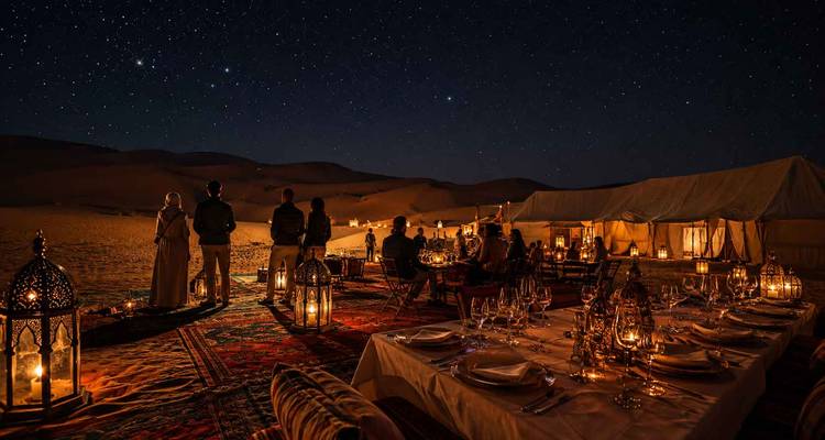 Campamento desértico bajo las estrellas con alfombras elegantes, mesas de comedor iluminadas con linternas e invitados disfrutando de la cena con las dunas de fondo por la noche.