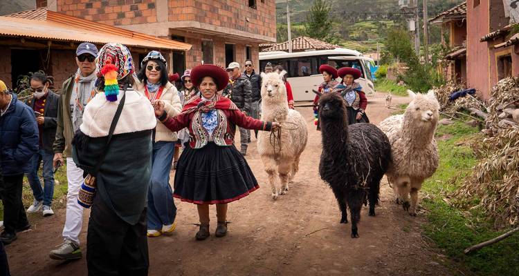 Dorpsoptocht met locals in traditionele kleding die lama's langs toeristen leiden op een zandpad