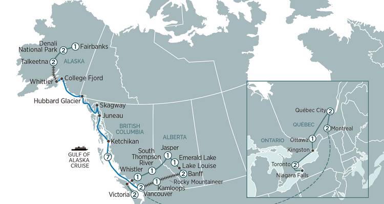 Karte mit kombinierter Reiseroute für Kreuzfahrt und Zugfahrt durch die kanadischen Rocky Mountains und Alaska