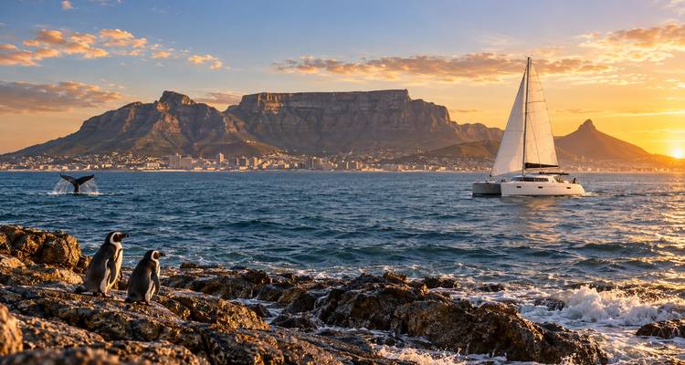 Dramatische zonsondergang boven de Tafelberg met een zeilboot, walvisstaart en pinguïns op de voorgrond.