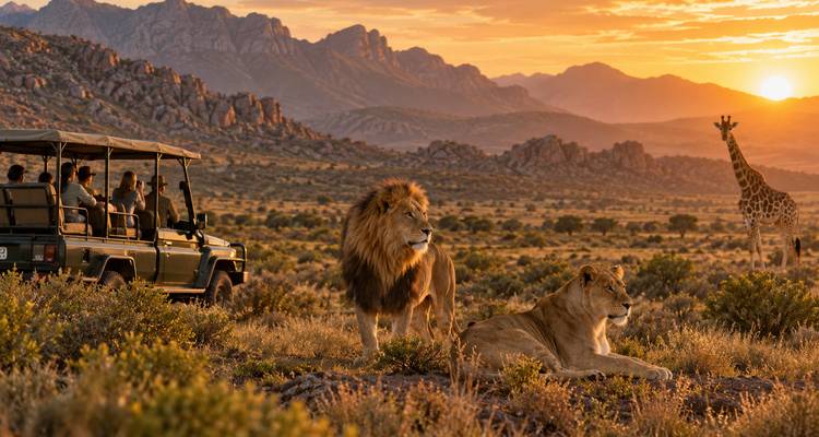 Voertuig met open dak kijkt naar leeuwen en een giraffe in de verte die rondlopen in een gouden landschap bij zonsondergang.