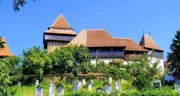 Église transylvanienne fortifiée avec galeries en bois s'élevant au-dessus du cimetière et des arbustes verts sous un ciel dégagé.