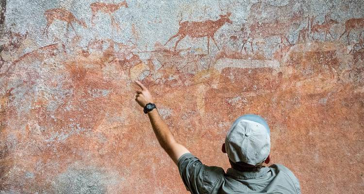 El guía señala arte rupestre antiguo que muestra animales en una pared de arenisca