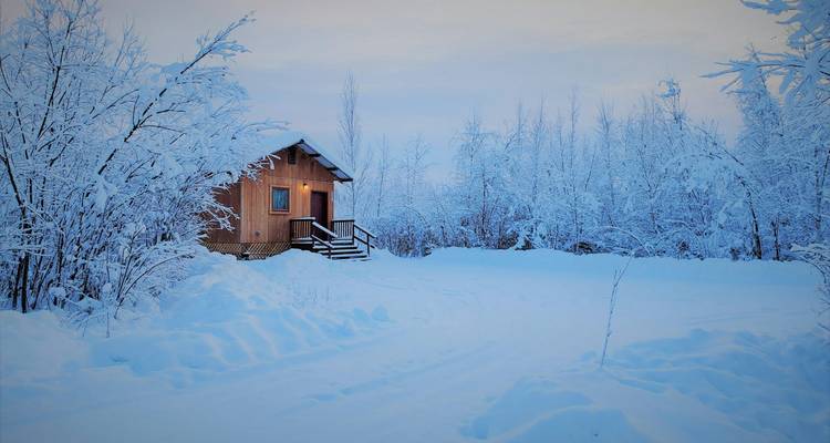 Une cabane en bois confortable se dresse seule dans une forêt boréale tranquille couverte de neige au crépuscule.