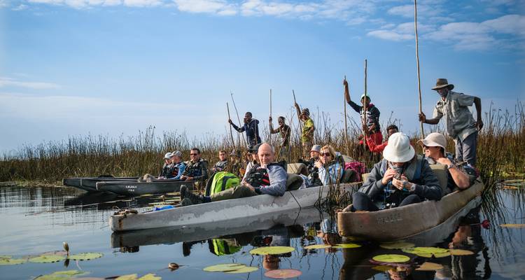 Reizigers liggen ontspannen in mokoro's tussen de waterlelies terwijl de bootvoerders ze voortduwen door de delta.