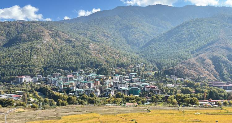 Een panoramisch uitzicht op de stad Thimphu omgeven door beboste bergen onder een heldere blauwe lucht.
