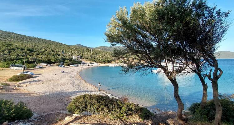 Rustig klein strandje omgeven door bomen en een turquoise baai met een enkele bezoeker die langs de kust loopt.