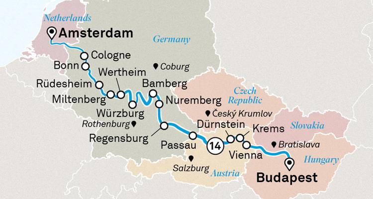 Mapa de ruta ilustrado de un crucero fluvial europeo desde Budapest hasta Ámsterdam.