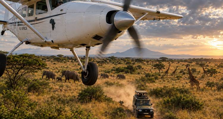 Close fly-by shot van propellervliegtuig over stoffig safari-jeepje en wildlife op gouden savanne.