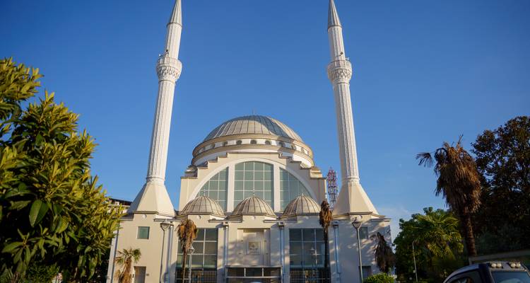 Mosquée blanche symétrique avec deux minarets jumeaux sous un ciel bleu clair et des palmiers à proximité.