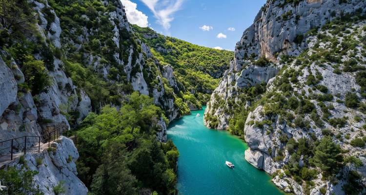 Le fleuve Verdon turquoise qui serpente à travers un canyon de calcaire spectaculaire recouvert d'une végétation dense.