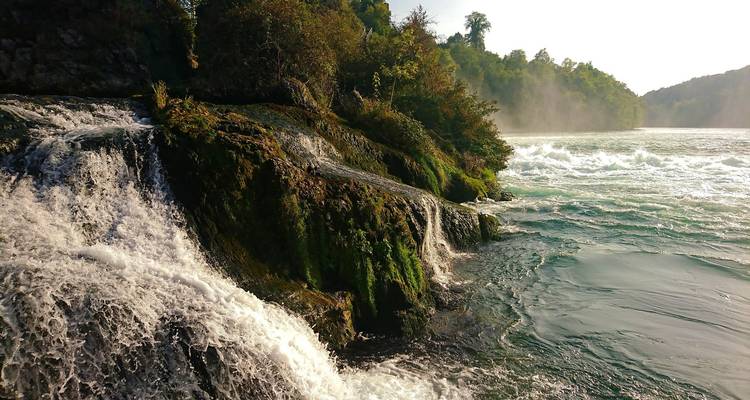 Gros plan d'une cascade latérale aux Chutes du Rhin avec de l'eau turquoise tumultueuse et des rochers couverts de mousse.
