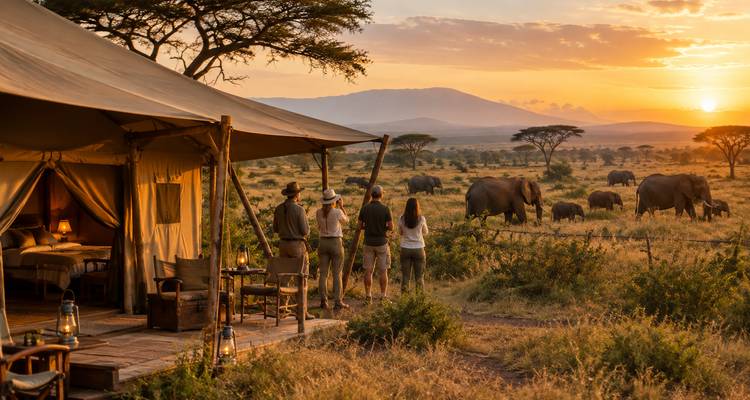 Les clients du camp de safari de luxe admirent les éléphants qui errent près des tentes en toile sur fond de montagnes au coucher du soleil.