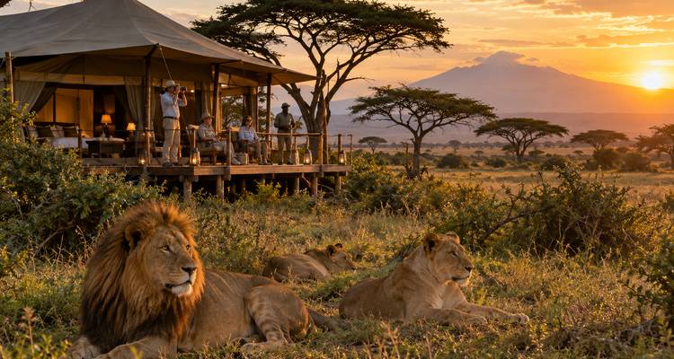 Un couple de lions se repose avant la terrasse de tente luxueuse où les clients observent le coucher de soleil sur la savane avec la silhouette des montagnes.