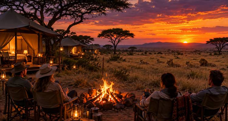 Les clients se détendent autour d'un feu de camp tandis que les lions errent dans la savane lointaine sous le crépuscule orange éclatant.