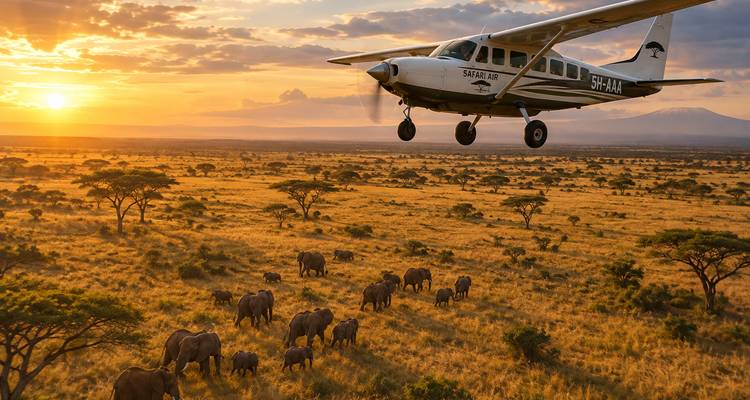 Un petit avion de safari s'élève au-dessus d'un troupeau d'éléphants traversant la savane infinie à l'aube aux couleurs éclatantes.