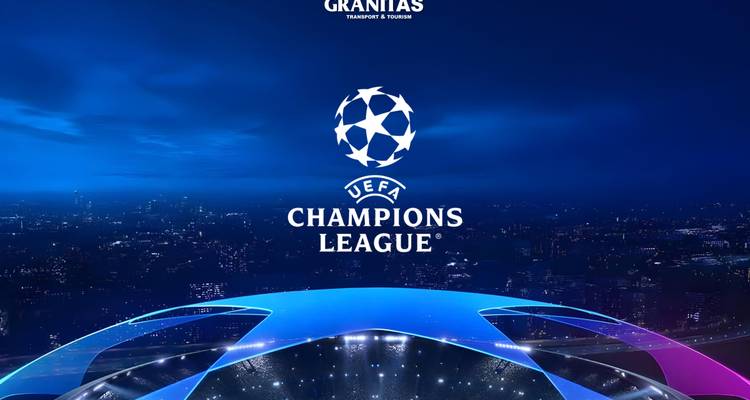 Image promotionnelle de style graphique présentant le logo de la Ligue des champions de l'UEFA sur un paysage urbain nocturne.
