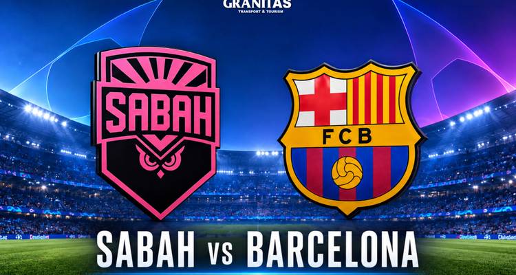 Graphique sportif montrant les écussons de football de Sabah et Barcelone sur un fond de stade illuminé.