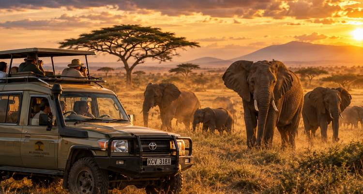Herd of elephants stirs dust near safari jeep during fiery savannah sunset.