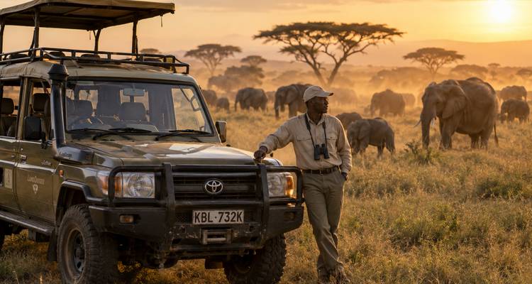 Safari guide with binoculars stands by jeep as elephants graze in golden dusk haze.