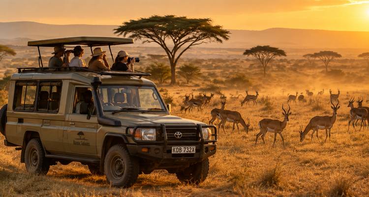 Tourists photograph a herd of antelopes across dusty savannah from open safari vehicle at sunset.