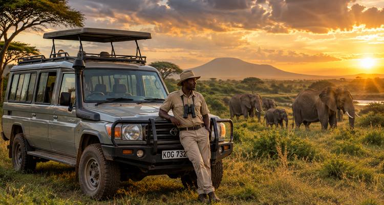Guide leaning on jeep observes elephants near lush river with mountain backdrop in golden light.