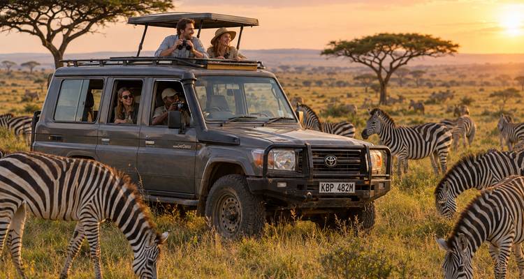 Zebras surround a safari jeep as travellers photograph the wildlife during amber sunset.
