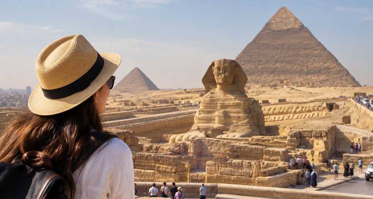 Reisender im Strohhut blickt auf die Sphinx und die Große Pyramide von Giza.