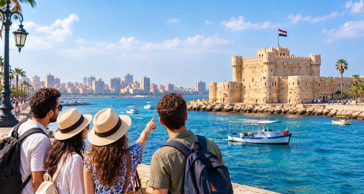 Gruppe junger Touristen, die auf die mittelalterliche Festung Qaitbay über den Hafen von Alexandria zeigen.