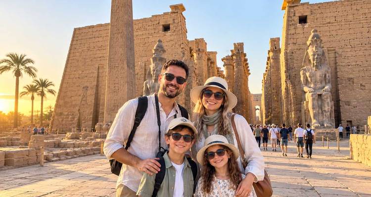 Lächelnde Familie posiert bei goldener Stunde vor dem Luxor-Tempel, mit aufragenden Säulen und Statuen im Hintergrund.