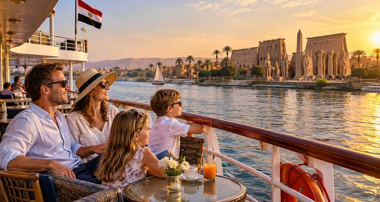 Familie genießt Getränke auf dem Deck einer Nilkreuzfahrt während der Fahrt am Luxor-Tempel bei Sonnenuntergang vorbei.