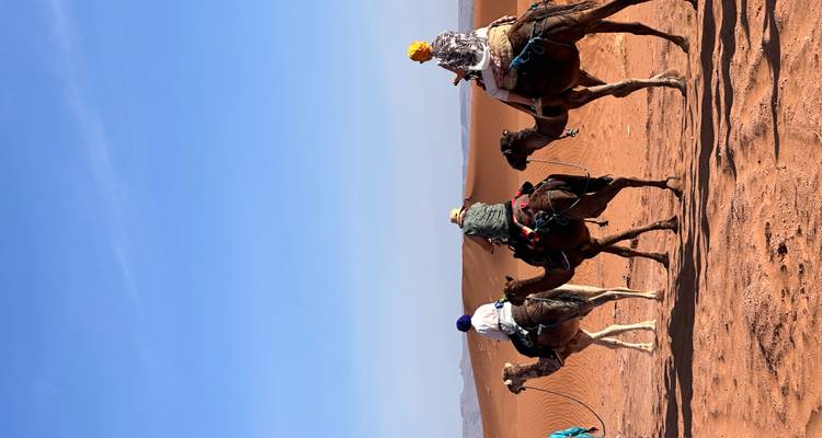 Camel caravan with riders trekking across red dunes under a clear Saharan sky.